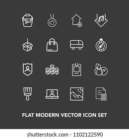 Modern, simple vector icon set on dark background with necklace, paintbrush, paint, label, distribution, home, bucket, protection, new, property, business, industrial, clean, technology, banking icons
