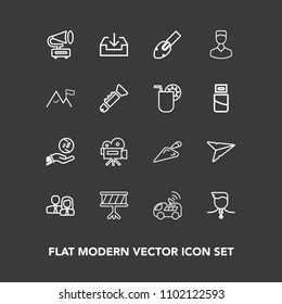 Modern, simple vector icon set on dark background with vehicle, investment, gramophone, medal, musical, tripod, camera, money, email, download, competition, finance, message, satellite, profile icons
