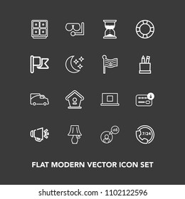 Modern, simple vector icon set on dark background with internet, light, time, glass, speaker, business, house, loud, profile, call, sea, sound, bank, service, mask, traffic, safe, money, voice icons