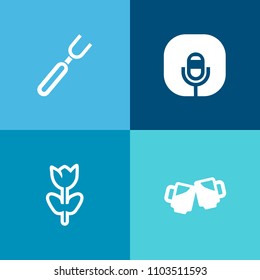 Modern, simple vector icon set on colorful background with pint, fork, mug, nature, glass, dinner, radio, meal, menu, petal, kitchen, studio, media, voice, sound, pink, lager, music, silverware icons