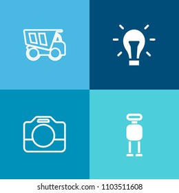 Modern, simple vector icon set on colorful background with innovation, handle, lens, mechanical, energy, electricity, film, power, construction, truck, glass, cargo, robotic, car, lorry, dumper icons