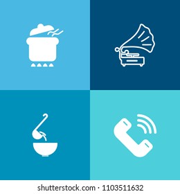 Modern, simple vector icon set on colorful background with stew, disc, entertainment, vegetable, pot, homemade, soup, dish, chicken, antique, healthy, button, bowl, gramophone, sign, song, retro icons