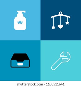 Modern, simple vector icon set on colorful background with spanner, bedtime, newborn, nursery, cute, office, birthday, folder, liquid, baby, gel, crib, beauty, mobile, information, bed, body icons