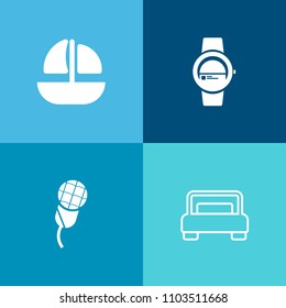 Modern, simple vector icon set on colorful background with voice, audio, cargo, wireless, display, white, watch, studio, ship, mobile, clock, home, concert, technology, shipping, microphone, sea icons