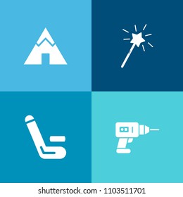 Modern, simple vector icon set on colorful background with power, tool, tourism, outdoor, equipment, tent, wand, cricketer, machine, team, nature, player, magic, magician, fantasy, summer, fun icons