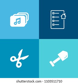 Modern, simple vector icon set on colorful background with sign, music, scissors, computer, contract, investment, saw, cut, agreement, agent, object, loan, drill, brush, tailor, tool, estate icons