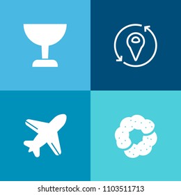 Modern, simple vector icon set on colorful background with travel, flight, bread, web, white, map, glass, transportation, search, focus, aviation, element, location, sweet, cake, summer, look icons