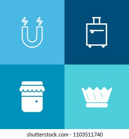 Modern, simple vector icon set on colorful background with vacation, south, pot, glass, honey, luggage, tourist, field, magnetic, jam, case, attraction, kingdom, science, tour, direction, crown icons