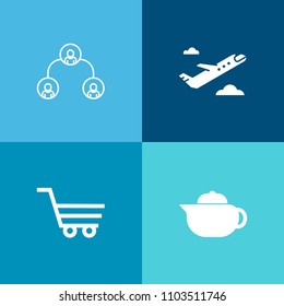 Modern, simple vector icon set on colorful background with hot, aviation, refreshment, aircraft, chart, human, departure, store, network, cart, organization, market, business, people, structure icons