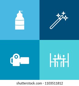 Modern, simple vector icon set on colorful background with lens, magical, silhouette, stick, fork, camera, spray, dinner, magician, magic, sign, plate, wand, technology, photo, photography, film icons