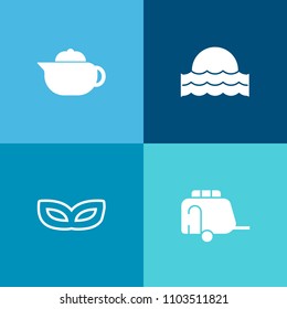 Modern, simple vector icon set on colorful background with mask, sun, railway, decoration, pot, white, sunrise, locomotive, cup, dawn, sunlight, festival, sunset, morning, object, train, tram icons