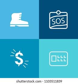 Modern, simple vector icon set on colorful background with assistance, dollar, banking, label, walking, fashion, lifebuoy, security, leather, shoes, wear, safety, usd, lock, currency, door, life icons