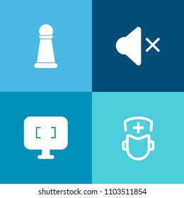 Modern, simple vector icon set on colorful background with surgeon, strategy, volume, health, screen, doctor, chess, game, hospital, pawn, competition, queen, king, off, computer, castle, sound icons