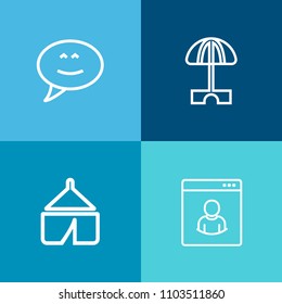 Modern, simple vector icon set on colorful background with camp, bubble, mountain, social, text, person, chat, dialog, sunny, forest, communication, speech, hiking, chatting, communicate, travel icons