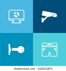 Modern, simple vector icon set on colorful background with sign, safe, diagram, system, cctv, graph, safety, step, house, clothing, surveillance, guard, layout, access, textile, lock, key, sport icons