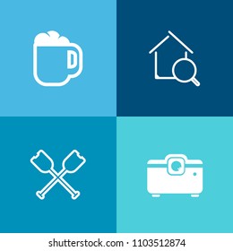 Modern, simple vector icon set on colorful background with river, espresso, house, black, technology, rowing, boat, real, building, web, caffeine, beverage, video, sea, estate, rent, online, hot icons