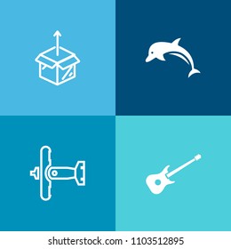 Modern, simple vector icon set on colorful background with airplane, moving, flight, marine, surprise, musical, leap, air, animal, aviation, dolphin, packaging, music, unpacking, ocean, wildlife icons