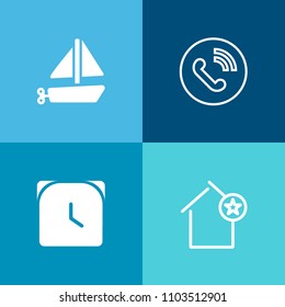 Modern, simple vector icon set on colorful background with summer, fun, ring, minute, object, building, apartment, speed, transportation, residential, house, contact, timer, blue, call, favorite icons