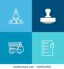 Modern, simple vector icon set on colorful background with accept, truck, lorry, tipper, science, heavy, ship, vehicle, document, stamp, ink, mortgage, home, mark, technology, dumper, contract icons