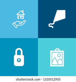 Modern, simple vector icon set on colorful background with home, picture, happy, buy, fly, frame, rent, sale, concept, leisure, childhood, safety, sky, camera, property, residential, loan, fun icons