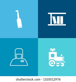 Modern, simple vector icon set on colorful background with tooth, dentist, library, book, uniform, hygiene, bellman, transport, care, electric, bellboy, literature, kid, locomotive, railroad icons