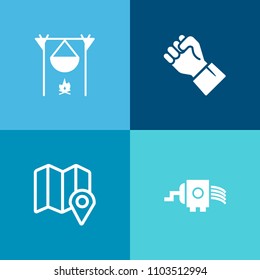 Modern, simple vector icon set on colorful background with firewood, web, connection, food, hot, evening, closeup, campfire, travel, hand, cooking, human, flame, meat, sign, white, landscape icons