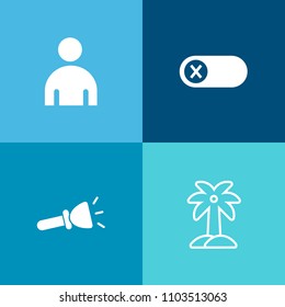 Modern, simple vector icon set on colorful background with travel, electrical, guy, home, silhouette, style, power, exotic, flashlight, electricity, palm, nature, male, beach, summer, casual icons