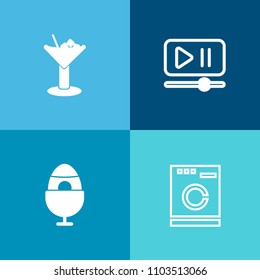 Modern, simple vector icon set on colorful background with fruit, lemon, beverage, washer, holiday, movie, martini, party, bar, multimedia, drink, celebration, lime, household, alcohol, laundry icons