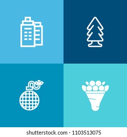 Modern, simple vector icon set on colorful background with cloud, rose, rent, modern, bouquet, explode, residential, fire, tree, business, decoration, city, real, bomb, concept, pine, plant icons