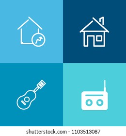 Modern, simple vector icon set on colorful background with price, equipment, building, housing, home, radio, sound, piano, music, construction, market, broadcast, increase, real, instrument icons