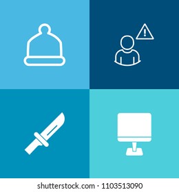 Modern, simple vector icon set on colorful background with food, metal, mobile, alarm, steel, baseball, lunch, business, table, computer, laptop, hat, head, tablet, cap, internet, device, fork icons