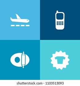 Modern, simple vector icon set on colorful background with shirt, phone, airplane, arrival, pan, clothing, kitchen, departure, plane, call, water, transport, tee, bright, business, luggage, view icons