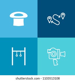 Modern, simple vector icon set on colorful background with direction, navigation, sport, body, exercise, camcorder, camera, professional, pin, movie, destination, equipment, girl, activity, cap icons