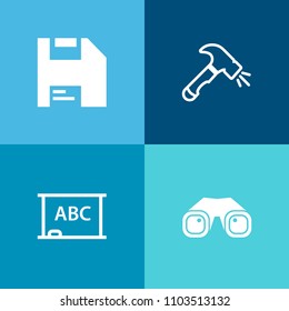 Modern, simple vector icon set on colorful background with blank, sign, zoom, diskette, binocular, drill, printer, screwdriver, shovel, construction, computer, instrument, hammer, education, web icons