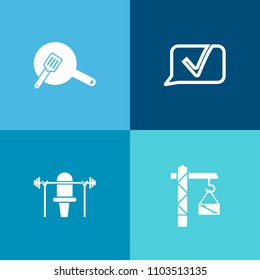 Modern, simple vector icon set on colorful background with weight, cooking, household, kitchen, web, repair, exercise, talk, speak, gym, construction, pan, building, saw, food, internet, clean icons