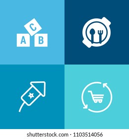 Modern, simple vector icon set on colorful background with school, business, firework, meal, white, teaching, fun, nutrition, play, food, trolley, font, text, kid, dish, celebrate, breakfast icons