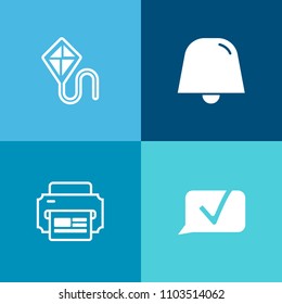 Modern, simple vector icon set on colorful background with alert, technology, print, fly, simple, paper, web, sign, office, graphic, kid, happy, bubble, communication, sky, internet, button, toy icons