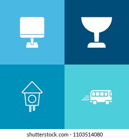 Modern, simple vector icon set on colorful background with search, speed, look, transport, screen, travel, bird, wooden, business, technology, computer, desktop, magnifying, road, motion, device icons