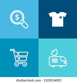 Modern, simple vector icon set on colorful background with shirt, sale, internet, van, cart, style, news, dish, web, signal, concept, shop, folded, fashion, trolley, tv, communication, clothing icons