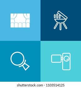 Modern, simple vector icon set on colorful background with grilling, fire, meat, grill, tripod, search, video, cinema, old, vintage, web, summer, comedy, background, technology, equipment, find icons
