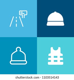 Modern, simple vector icon set on colorful background with clothing, cap, baseball, worker, construction, black, ship, accessory, hard, street, blank, hat, style, metal, security, information icons
