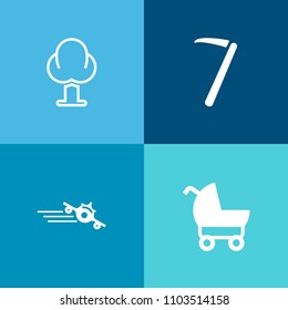 Modern, simple vector icon set on colorful background with spanner, screwdriver, buggy, flight, stroller, aircraft, plant, wheel, child, growth, transportation, tree, toolbox, outdoor, wood, kid icons