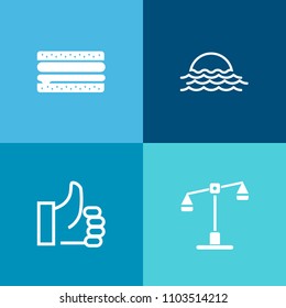 Modern, simple vector icon set on colorful background with restaurant, sun, morning, court, fast, sunrise, cheeseburger, beautiful, hamburger, law, nature, hand, meal, judge, light, finger, food icons