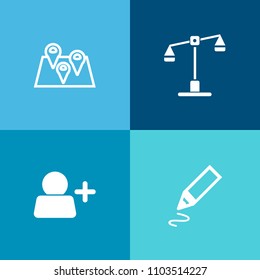 Modern, simple vector icon set on colorful background with social, network, tool, pencil, location, marker, object, map, pin, weigh, sign, direction, business, legal, people, road, account, user icons