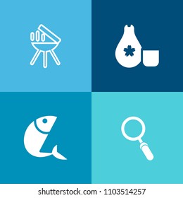 Modern, simple vector icon set on colorful background with restaurant, japan, web, sign, rice, water, fire, glass, sea, meat, fish, find, bbq, magnifying, fresh, asian, cooking, tuna, zoom, hot icons