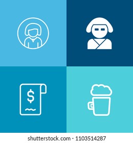 Modern, simple vector icon set on colorful background with female, lager, alcohol, oriental, bar, cold, hair, web, style, real, sale, glass, asia, pretty, mug, young, beverage, makeup, person icons