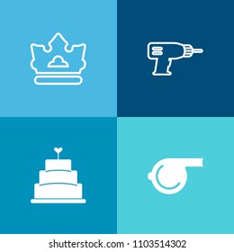 Modern, simple vector icon set on colorful background with trainer, game, hand, sugar, pastry, princess, industrial, referee, crown, equipment, sign, delicious, white, work, sweet, element, pie icons