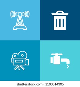 Modern, simple vector icon set on colorful background with station, clean, communication, broadcast, dj, recycling, sound, radio, camera, recycle, bathroom, mic, bin, liquid, movie, film, music icons