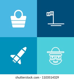 Modern, simple vector icon set on colorful background with launch, landscape, smile, comic, bag, cartoon, accessory, green, handbag, travel, rocket, face, ocean, object, drawing, blue, baja, sky icons