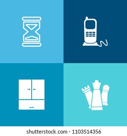 Modern, simple vector icon set on colorful background with countdown, antique, connection, wardrobe, castle, flow, phone, game, queen, time, business, strategy, style, closet, hourglass, knight icons